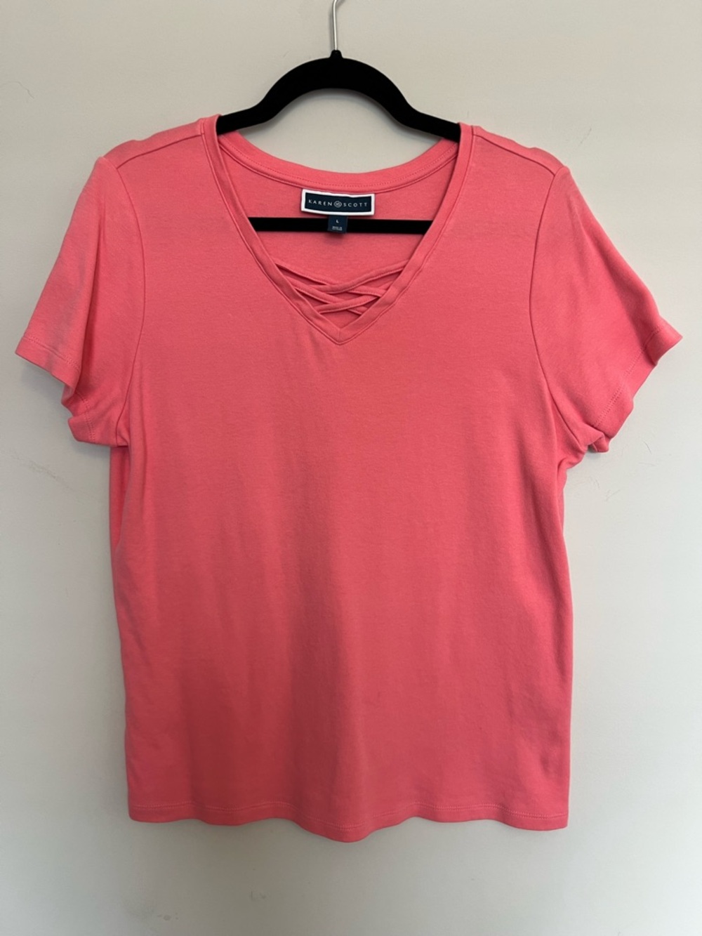 Karen Scott Pink Short-Sleeve V-Neck Top with Lattice Detail Cotton Size L